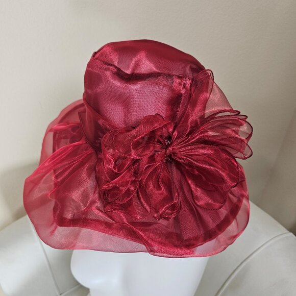 Burgundy Wine Red Organza Kentucky Derby Hat Wide Brim Church Wedding Fascinator - Picture 3 of 5